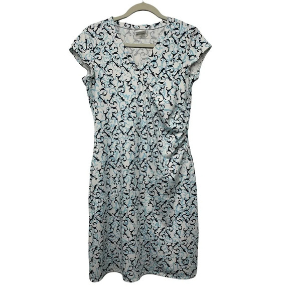 Athleta Faux Wrap Vine Scroll Nectar Dress Blue White size Small style 903732 - Picture 11 of 12
